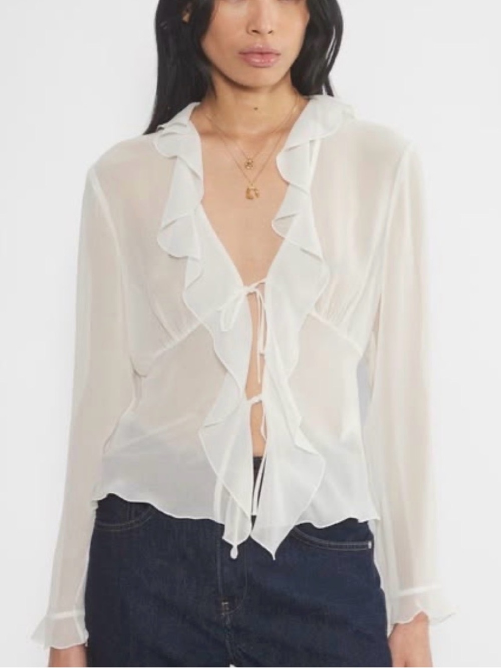 Allison Taylor White Ruffle Tie-Front Blouse - size L
